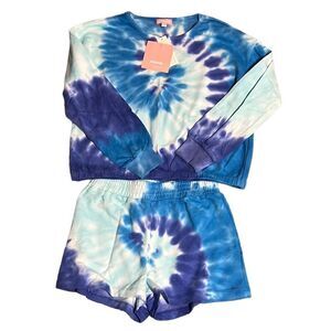 Girls Outfit Size L/M Blue Tie Dye Long Sleeve Shirt Shorts Set KIDBOX NEW